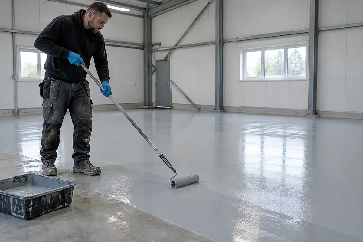 Flooring contractor wearing gloves and protective workwear applying smooth pale grey epoxy resin floor with long-handled roller in an empty well-ventilated workshop, wet resin sheen and roller trail clearly visible.