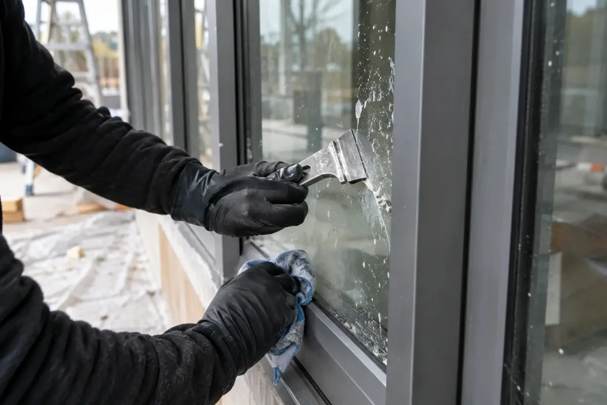 Close view of gloved window-cleaner hands using a flat professional glass scraper and wet cloth to remove small plaster and paint specks from newly fitted commercial glazing after building work. Plain metal frame, protected floor and sparse construction residue.