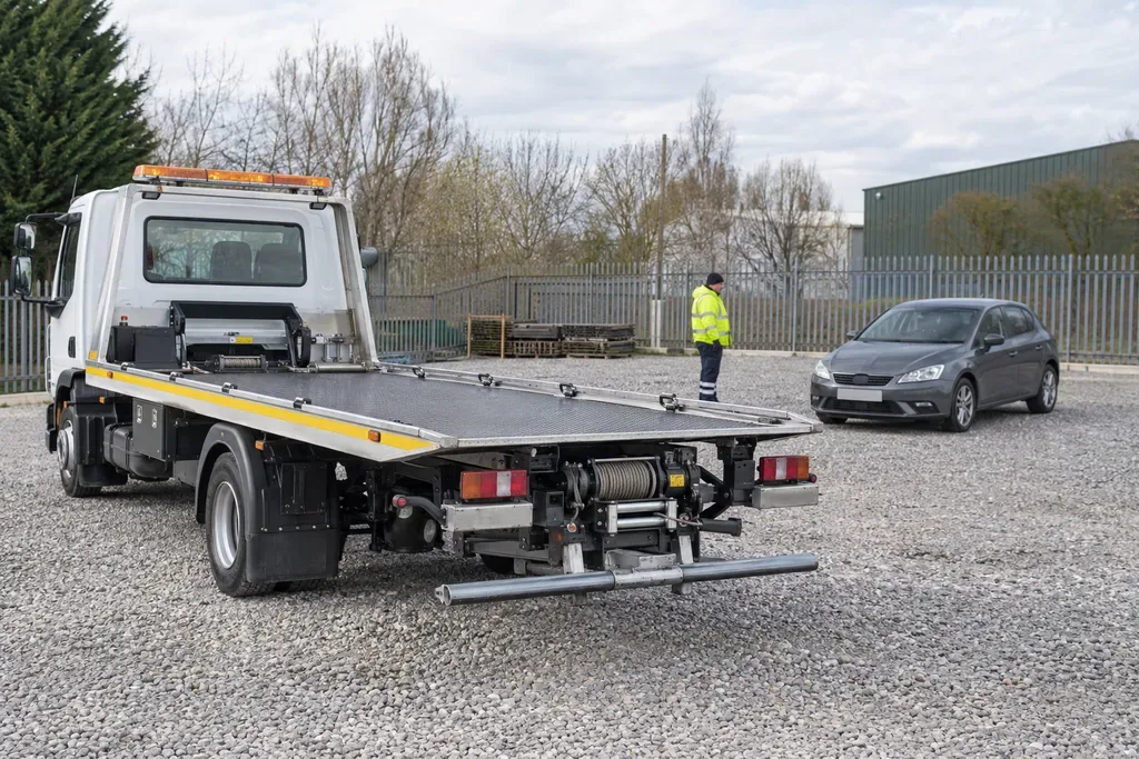 Recovery winch equipment prepared beside a stationary car in a gravel yard