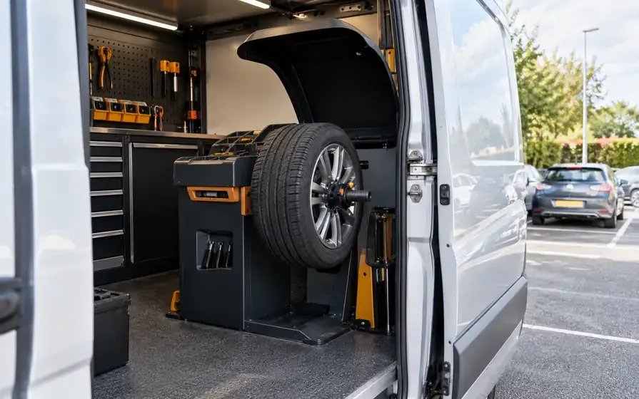 Passenger-car wheel mounted on a balancing machine inside a mobile fitting van