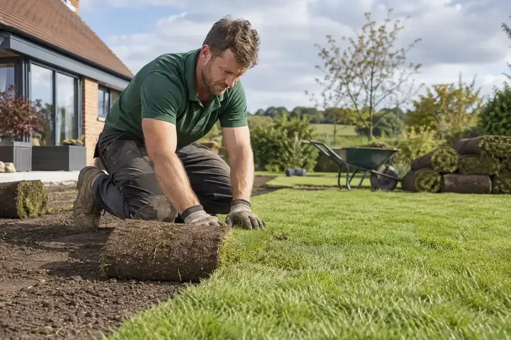 Gardener rolling out natural turf
